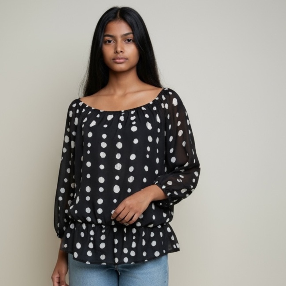 Vince Camuto  blouse large. Black with white polka dots. Elastic drop waist - Picture 2 of 11